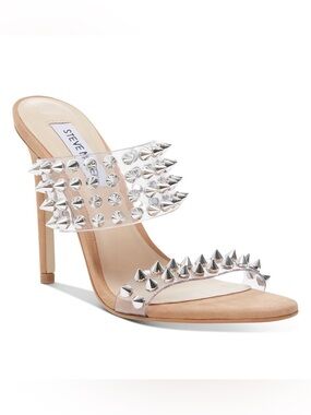 Steve Madden Clear Two-Band Spike Mule in Nude with Silver Spikes